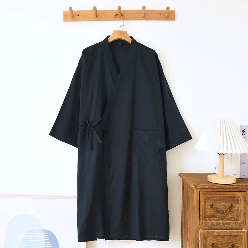Peignoir_de_bain_100_coton_en_solde-col V-poche unique-style kimono-manche trois quarts-mi-mollet-doux-confortable-moelleux-absorbant-printemps-été-automne-bleu marine