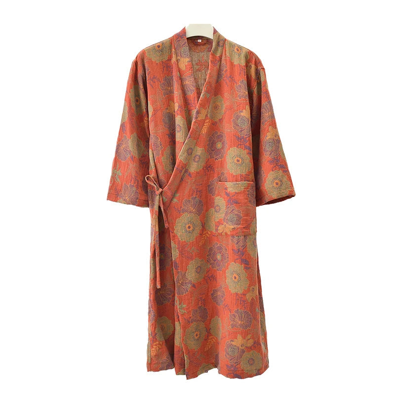 Peignoir_de_bain_100_coton_femme-Coton-teint_en_Fil_100_-_séchage_express_et_lavage_main-kimono_éclat_floral-doux-confortable-moelleux-hiver-printemps-automne-orange