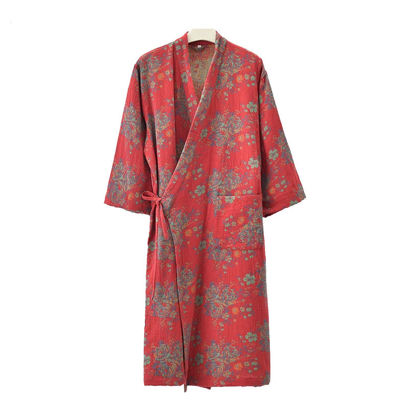 Peignoir_de_bain_100_coton_femme-Coton-teint_en_Fil_100_-_séchage_express_et_lavage_main-kimono_éclat_floral-doux-confortable-moelleux-hiver-printemps-automne-rouge
