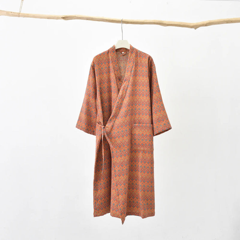 Peignoir_de_bain_100_coton_femme-Coton-teint en Fil 100 %- séchage express et lavage main-kimono éclat floral-doux-confortable-moelleux-printemps-automne-hiver-orange