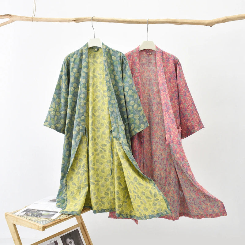 Peignoir_de_bain_100_coton_femme-Coton-teint en Fil 100 %- séchage express et lavage main-kimono éclat floral-doux-confortable-moelleux-printemps-automne-hiver-vert-orange