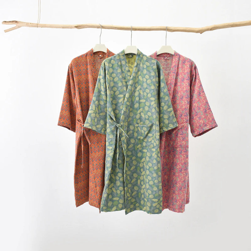 Peignoir_de_bain_100_coton_femme-Coton-teint en Fil 100 %- séchage express et lavage main-kimono éclat floral-doux-confortable-moelleux-printemps-automne-hiver-vert-rose-orange
