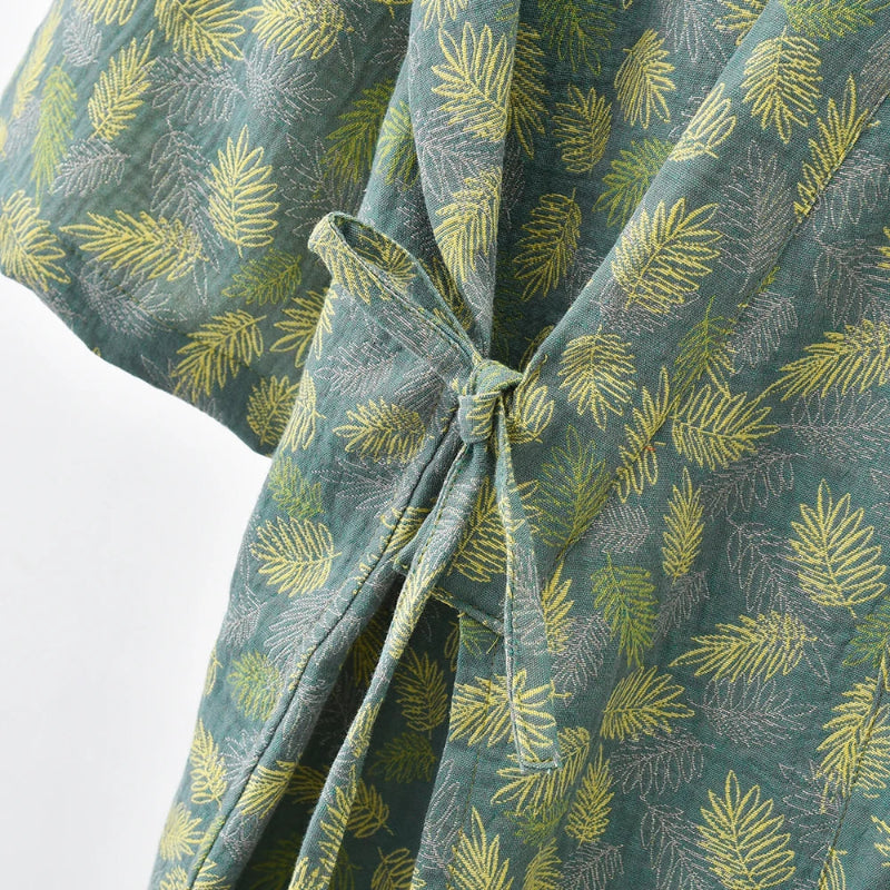 Peignoir_de_bain_100_coton_femme-Coton-teint en Fil 100 %- séchage express et lavage main-kimono éclat floral-doux-confortable-moelleux-printemps-automne-hiver-vert