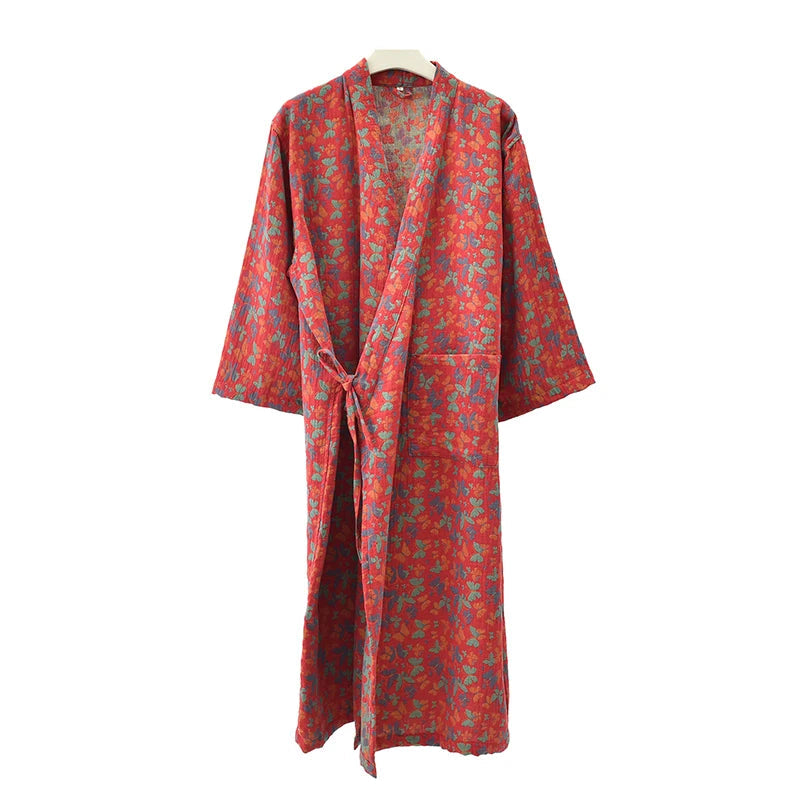 Peignoir_de_bain_100_coton_femme-Coton-teint en Fil 100 %- séchage express et lavage main-kimono éclat floral-doux-confortable-moelleux-printemps-hiver-automne-rouge