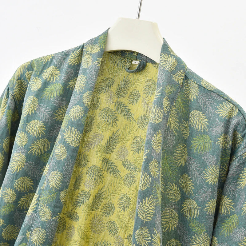Peignoir_de_bain_100_coton_femme-Coton-teint en Fil 100 %- séchage express et lavage main-kimono éclat floral-doux-confortable-moelleux-printemps-hiver-automne-vert