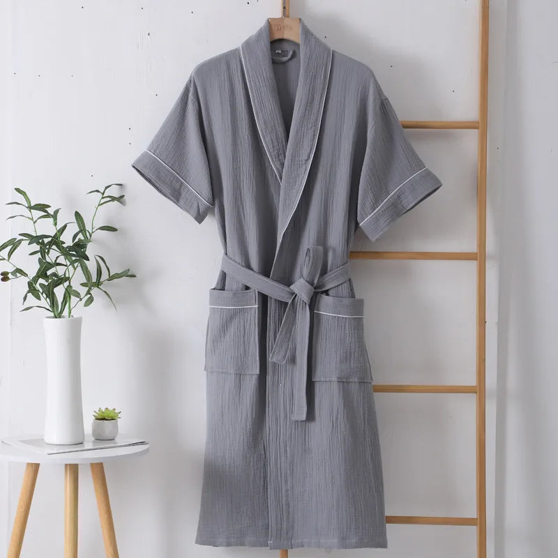 Peignoir_de_bain_100_coton_homme_et_femme-coton-rayures distinguées-manches courtes-épaisseur normal-mi-mollet-absorbant-doux-confortable-moelleux-printemps-automne-hiver-gris
