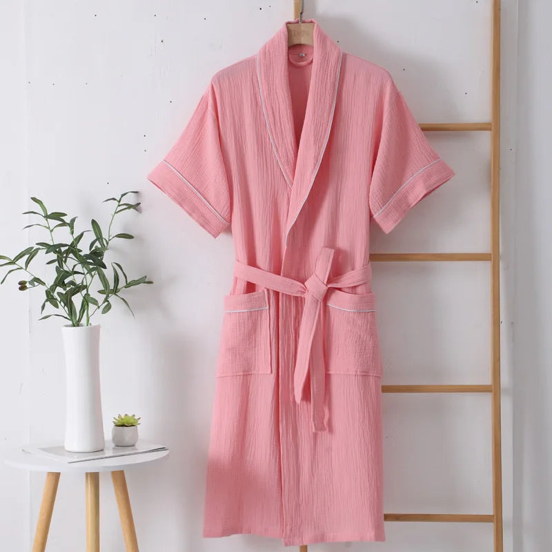 Peignoir_de_bain_100_coton_homme_et_femme-coton-rayures distinguées-manches courtes-épaisseur normal-mi-mollet-absorbant-doux-confortable-moelleux-printemps-automne-hiver-rose