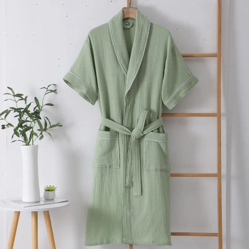 Peignoir_de_bain_100_coton_homme_et_femme-coton-rayures distinguées-manches courtes-épaisseur normal-mi-mollet-absorbant-doux-confortable-moelleux-printemps-automne-hiver-vert