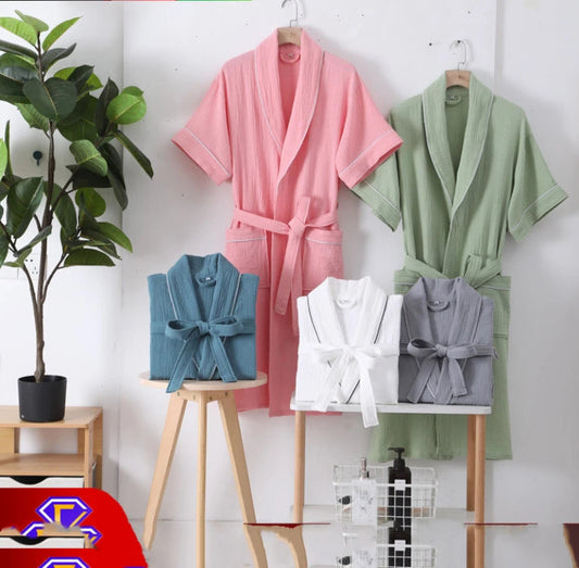 Peignoir_de_bain_100_coton_homme_et_femme-coton-rayures distinguées-manches courtes-épaisseur normal-mi-mollet-absorbant-doux-confortable-moelleux-printemps-automne-hiver