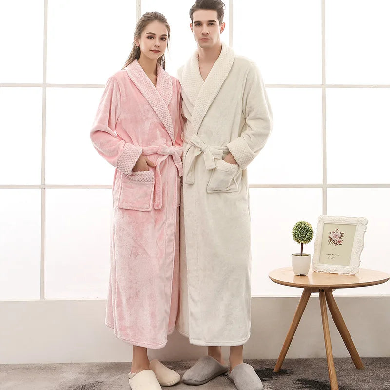 Peignoir de bain 100 polyester-manche longue-épais-longueur cheville-col châle-absorbant-doux-moelleux-confortable-printemps-automne-hiver-blanc-rose