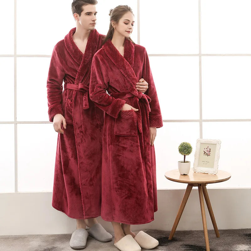 Peignoir de bain 100 polyester-manche longue-épais-longueur cheville-col châle-absorbant-doux-moelleux-confortable-printemps-automne-hiver-bordeaux