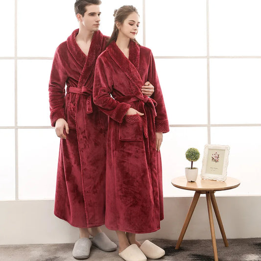 Peignoir de bain 100 polyester-manche longue-épais-longueur cheville-col châle-absorbant-doux-moelleux-confortable-printemps-automne-hiver-bordeaux