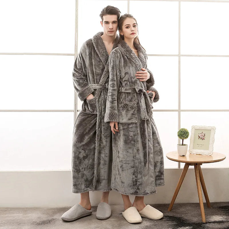 Peignoir de bain 100 polyester-manche longue-épais-longueur cheville-col châle-absorbant-doux-moelleux-confortable-printemps-automne-hiver-gris