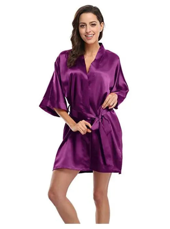Peignoir_de_bain_16_ans-Popeline_polyester_mince-manche_courte-poche_laterale-col_V-mi-cuisse-absorbant-moelleux-doux-été-confortable-printemps-violet foncé