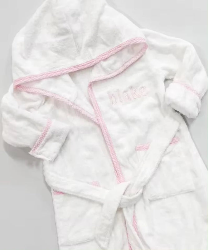 Peignoir_de_bain_2_à_3_ans-pur_coton-avec_capuche-manche_longue-épais-mi-genou-personnalisable-bande_rose-bande_bleu-absorbant-doux-moelleux-confortable-éponge-printemps-automne-été-hiver-blanc_rose