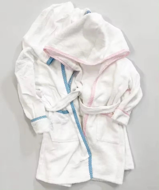 Peignoir_de_bain_2 à 3_ans-pur coton-avec capuche-manche longue-épais-mi-genou-personnalisable-bande rose-bande bleu-absorbant-doux-moelleux-confortable-éponge-printemps-automne-hiver-été-blanc-bleu-blanc rose