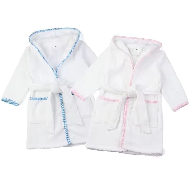 Peignoir_de_bain_2 à 3_ans-pur coton-avec capuche-manche longue-épais-mi-genou-personnalisable-bande rose-bande bleu-absorbant-doux-moelleux-confortable-éponge-printemps-automne-hiver-été-blanc rose-blanc bleu
