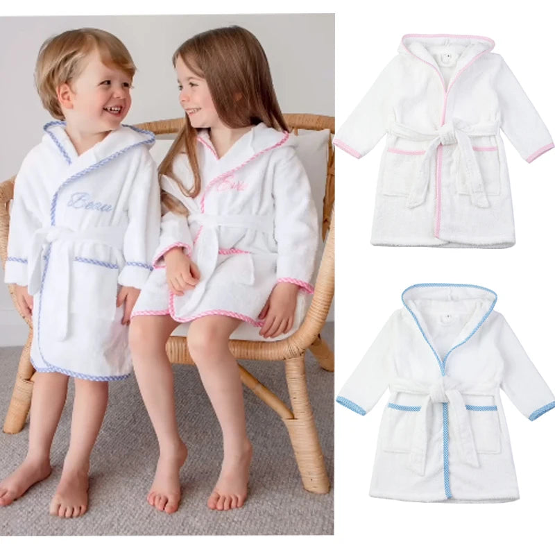 Peignoir_de_bain_2_3_ans-pur coton-avec capuche-manche longue-épais-mi-genou-personnalisable-bande rose-bande bleu-absorbant-doux-moelleux-confortable-éponge-printemps-automne-hiver-été