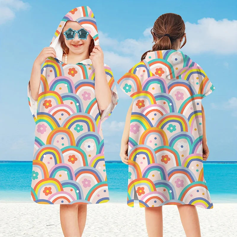 Peignoir_de_bain_2_à_3_ans_style_marin-Microfibre-capuche-imprimés_marins-manche_courte-mi_genou-absorbant-moelleux-confortable-doux-été-motif-marin-arc-en-ciel