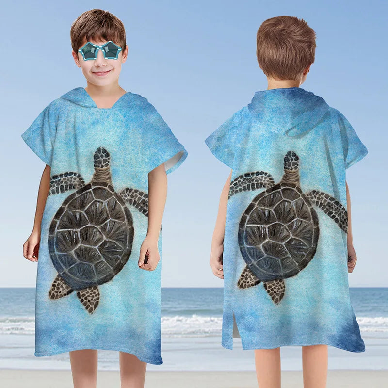 Peignoir_de_bain_2_à_3_ans_style_marin-Microfibre-capuche-imprimés_marins-manche_courte-mi_genou-absorbant-moelleux-confortable-doux-été-motif-marin-bleu-tortue