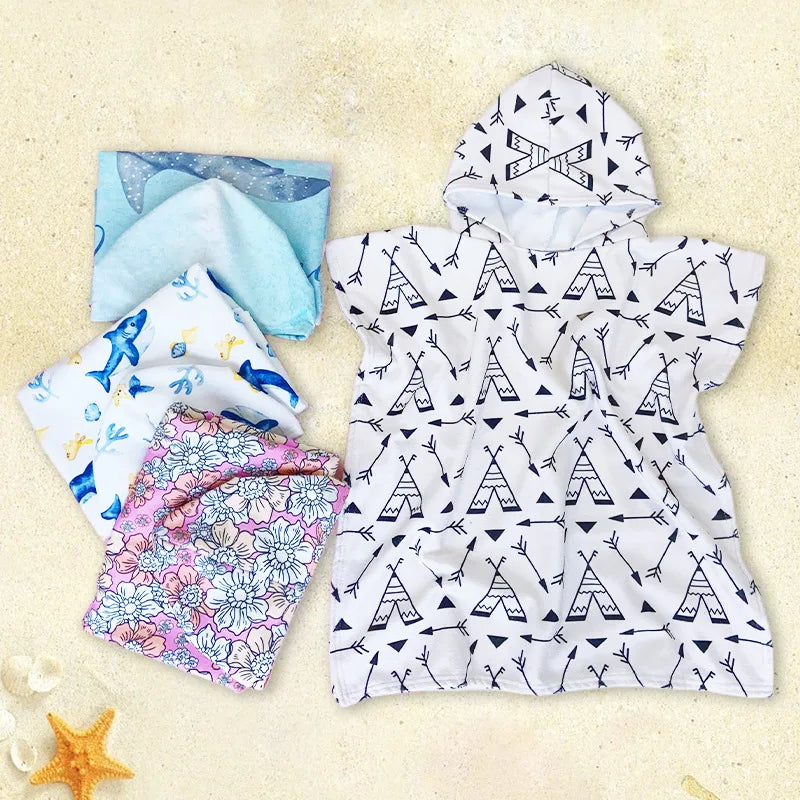 Peignoir_de_bain_2_à_3_ans_style_marin-Microfibre-capuche-imprimés_marins-manche_courte-mi-genou-absorbant-moelleux-confortable-doux-motif_marin-été-blanc-bleu