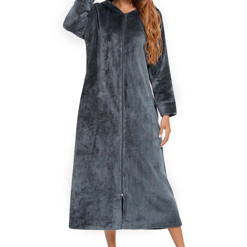 Peignoir_de_bain_à_fermeture_éclair-tricot-flanelle-polyester-épais-manche_longue-capuche-mi-mollet-poche_latérale-absorbant-moelleux-confortable-doux-hiver-printemps-automne-gris