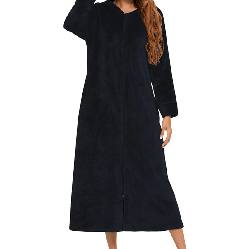 Peignoir_de_bain_a_fermeture_éclair-tricot-flanelle-polyester-épais-manche_longue-capuche-mi-mollet-poche_latérale-absorbant-moelleux-confortable-doux-hiver-printemps-automne-noir