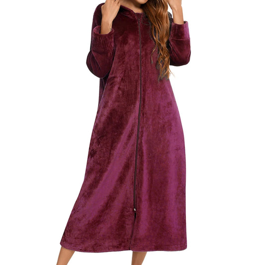 Peignoir_de_bain_à_fermeture_éclair-tricot-flanelle-polyester-épais-manche longue-capuche-mi-mollet-poche latérale-absorbant-moelleux-confortable-doux-printemps-automne-hiver-bordeaux