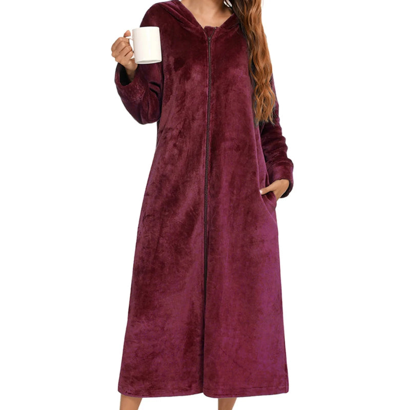 Peignoir_de_bain_à-fermeture_éclair-tricot-flanelle-polyester-épais-manche longue-capuche-mi-mollet-poche latérale-absorbant-moelleux-confortable-doux-printemps-hiver-automne-bordeaux