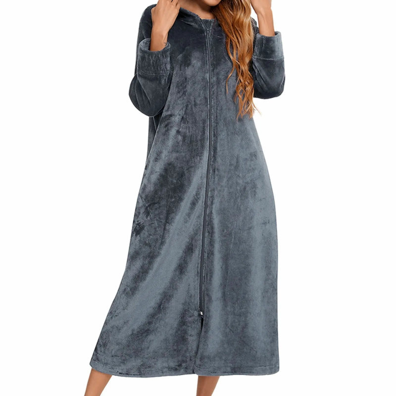 Peignoir_de_bain_à_fermeture_éclair-tricot-flanelle-polyester-épais-manche longue-capuche-mi-mollet-poche latérale-absorbant-moelleux-confortable-doux-printemps-hiver-automne-gris