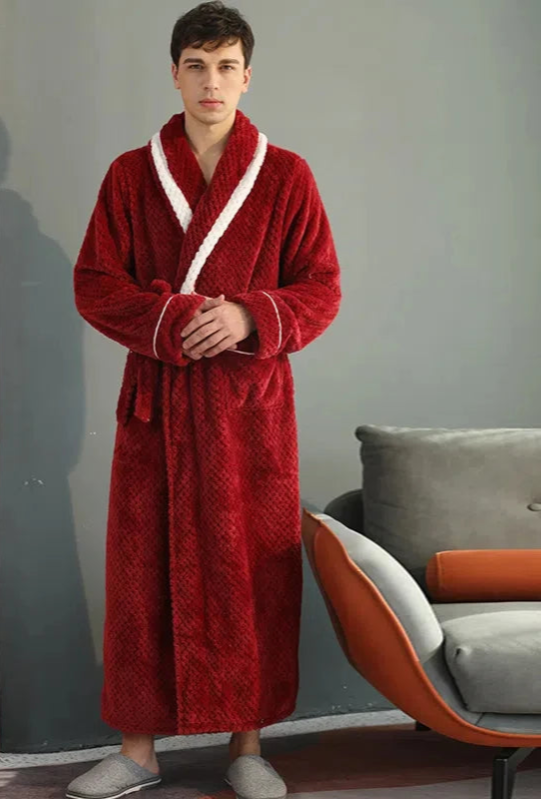 Peignoir_de_bain_adolescent_14_ans-col_rabattu-bande_blanche-manche_longue-épais-longueur_cheville-col_chale-doux-moelleux-confortable-absorbant-printemps-hiver-automne-rouge