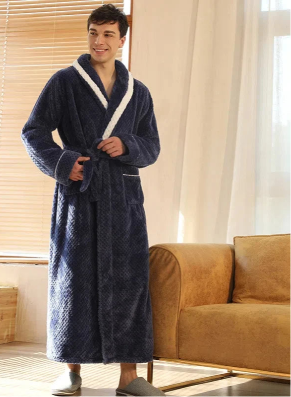 Peignoir_de_bain_adolescent_14_ans-col_rabattu-bande_blanche-manche_longue-épais-longueur_cheville-col_chale-doux-moelleux-confortable-absorbant-printemps-hiver-automne-bleu marine