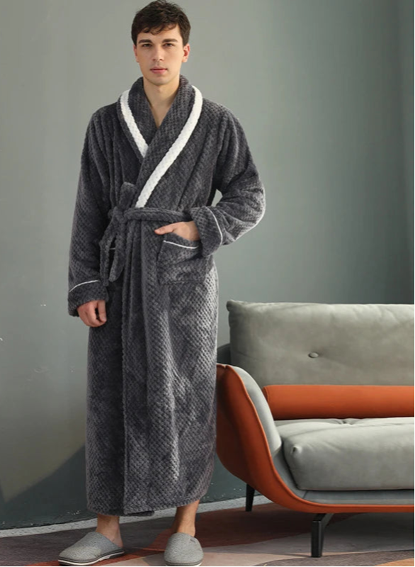 Peignoir_de_bain_adolescent_14_ans-col_rabattu-bande_blanche-manche_longue-épais-longueur_cheville-col_chale-doux-moelleux-confortable-absorbant-printemps-hiver-automne-gris