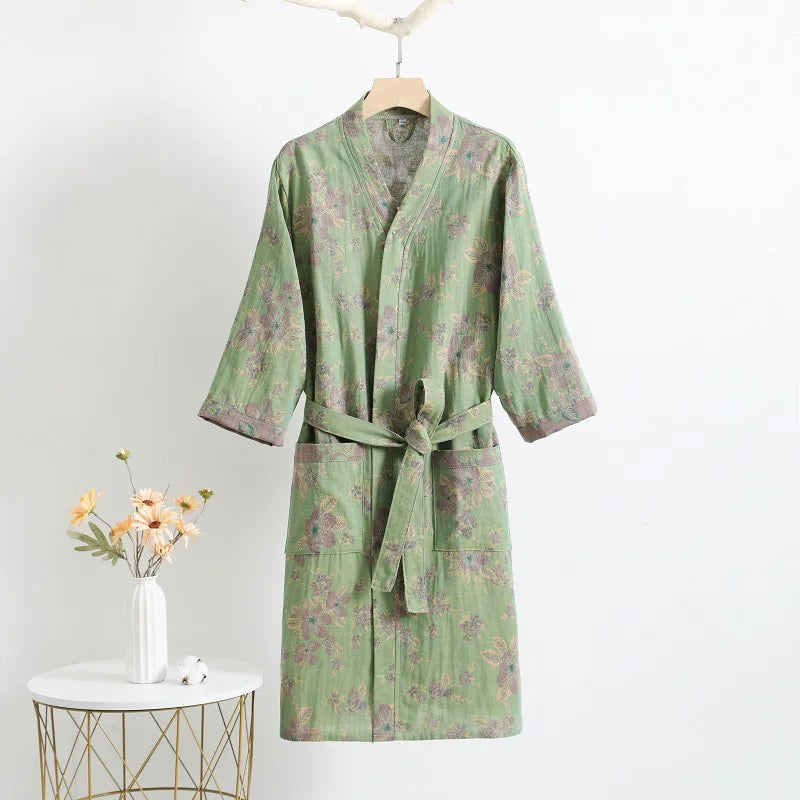 Peignoir_de_bain_adolescent_16_ans-coton_pur-style_japonais-col V-manche trois quarts-motif floral-doux-confortable-absorbant-été-moelleux-automne-printemps