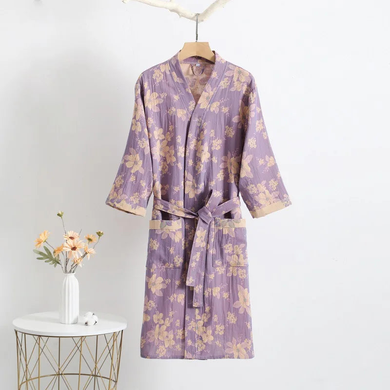 Peignoir_de_bain_adolescent_16_ans-coton_pur-style_japonais-col V-manche trois quarts-motif floral-doux-confortable-absorbant-été-moelleux-printemps-automne