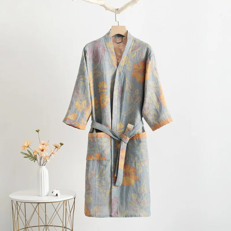 Peignoir_de_bain_adolescent_16_ans-coton_pur-style_japonais-col V-manche trois quarts-motif floral-doux-confortable-absorbant-moelleux-automne-été-printemps