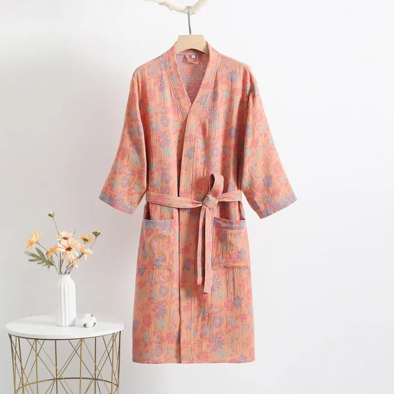 Peignoir_de_bain_adolescent_16_ans-coton_pur-style_japonais-col V-manche trois quarts-motif floral-doux-confortable-absorbant-moelleux-été-automne-printemps