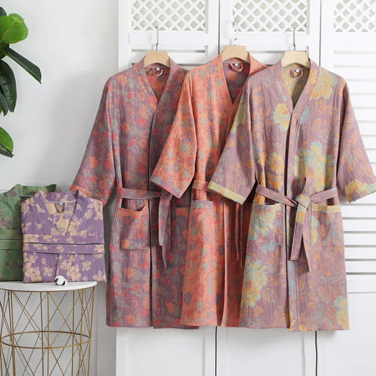 Peignoir_de_bain_adolescent_16_ans-coton_pur-style_japonais-col V-manche trois quarts-motif floral-doux-confortable-absorbant-moelleux-printemps-automne-été