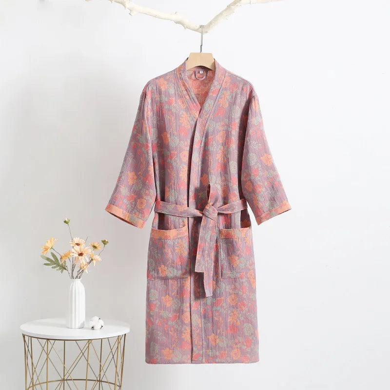 Peignoir_de_bain_adolescent_16_ans-coton_pur-style_japonais-col V-manche trois quarts-motif floral-doux-confortable-absorbant-moelleux-printemps-été-automne