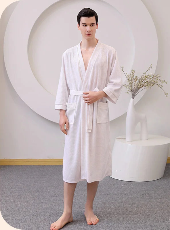 Peignoir_de_bain_adulte-Tissu_gaufre_polyester_non-tissé-manche_trois_quarts-col_châle-mi-mollet-doux-moelleux-confortable-absorbant-été-printemps-automne-hiver-blanc