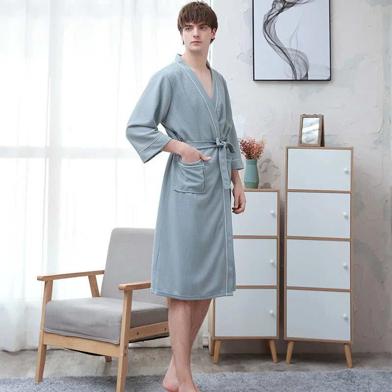Peignoir_de_bain_adulte-Tissu_gaufre_polyester_non-tissé-manche_trois_quarts-col_châle-mi-mollet-doux-moelleux-confortable-absorbant-été-printemps-hiver-automne-gris-bande_blanche