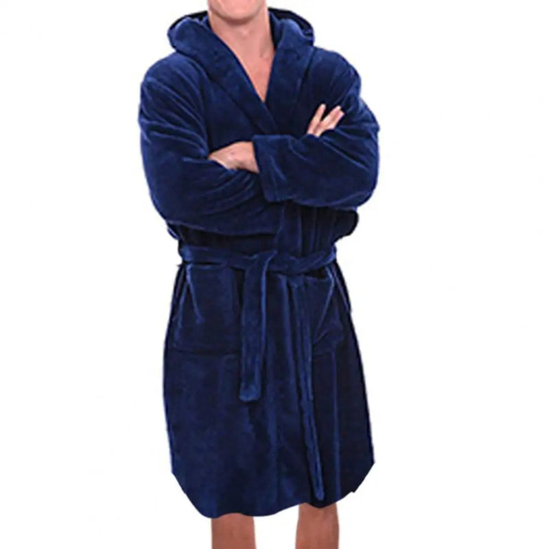 Peignoir_de_bain_avec_capuche-coton-nylon-polyester-épais-manche longue-longueur cheville-capuche-mi-mollet-doux-confortable-moelleux-épais-printemps-automne-hiver-bleu-marine