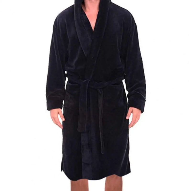 Peignoir_de_bain_avec_capuche-coton-nylon-polyester-épais-manche longue-longueur cheville-capuche-mi-mollet-doux-confortable-moelleux-épais-printemps-hiver-automne-bleu-marine