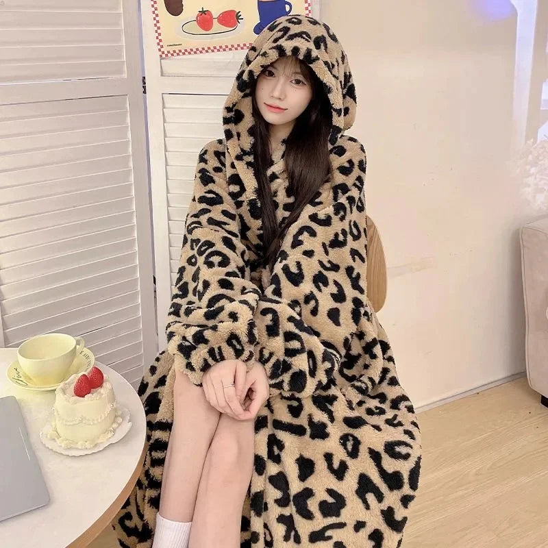 Peignoir_de_bain_avec_capuche_femme-polyester-manche_longue-epais-motif_animal-longueur_cheville-confortable-doux-moelleux-hiver-printemps-automne-biege-noir