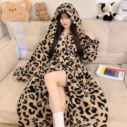 Peignoir_de_bain_avec_capuche_femme-polyester-manche longue-épais-motif animal-longueur cheville-confortable-doux-moelleux-printemps-automne-hiver-beige-noir