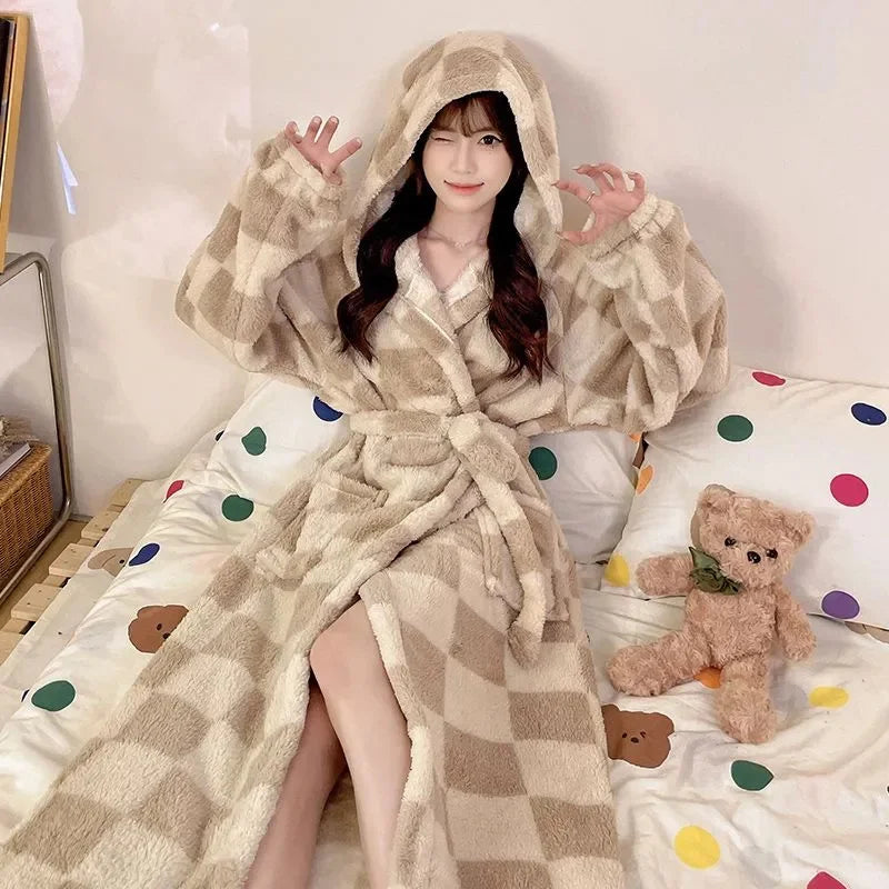 Peignoir_de_bain_avec_capuche_femme-polyester-manche_longue-épais-motif_animal-longueur_cheville-confortable-hiver-doux-moelleux-automne-printemps-marron-beige