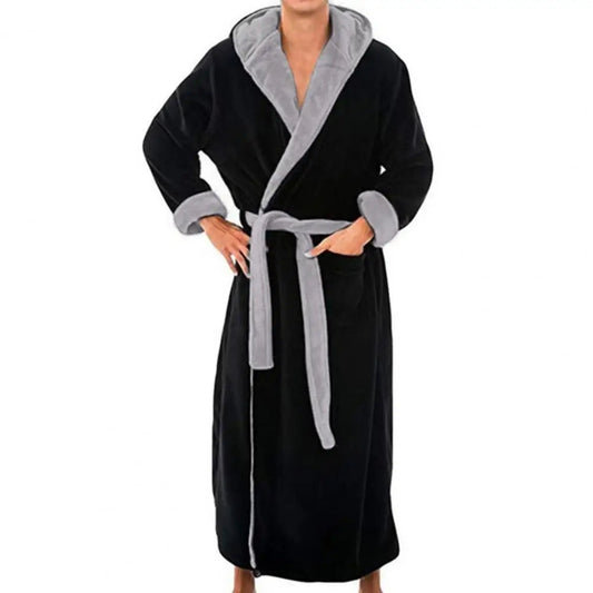 Peignoir_de_bain_avec_capuche_homme-flanelle-polyester-capuche-manche longue-mi-mollet-absorbant-moelleux-doux-confortable-printemps-automne-hiver-gris-noir