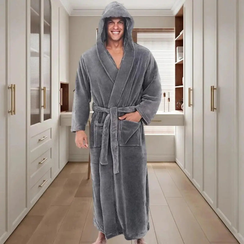 Peignoir_de_bain_avec_capuche_homme-flanelle-polyester-capuche-manche longue-mi-mollet-absorbant-moelleux-doux-confortable-printemps-automne-hiver-gris