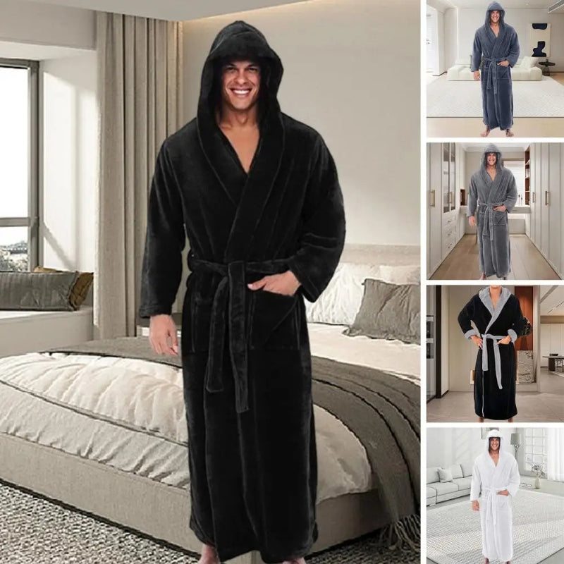 Peignoir_de_bain_avec_capuche_homme-flanelle-polyester-capuche-manche longue-mi-mollet-absorbant-moelleux-doux-confortable-printemps-automne-hiver-noir