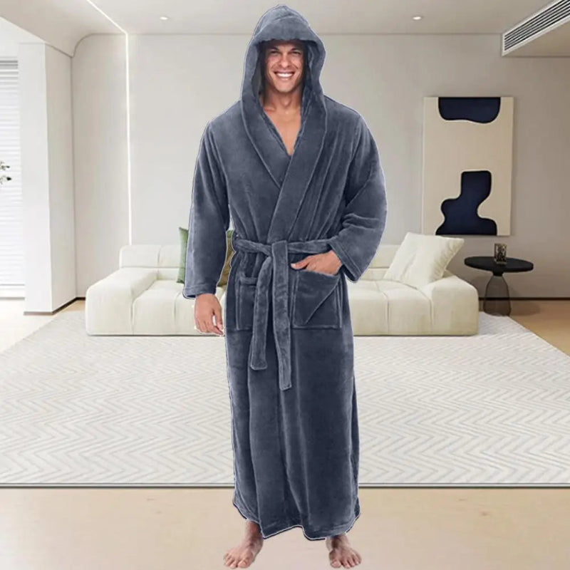 Peignoir_de_bain_avec_capuche_homme-flanelle-polyester-capuche-manche longue-mi-mollet-absorbant-moelleux-doux-confortable-printemps-hiver-automne-gris